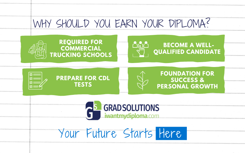 Infographic for Grad Solutions about why you should get your high school diploma for a CDL