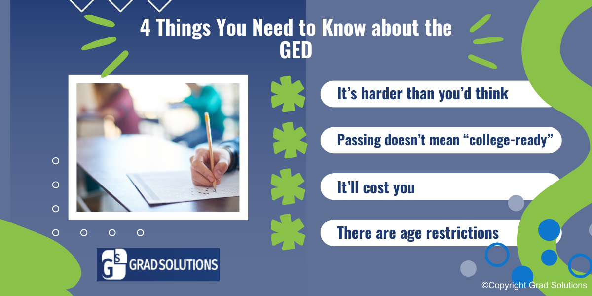 Green and blue infographic for Grad Solutions about the GED